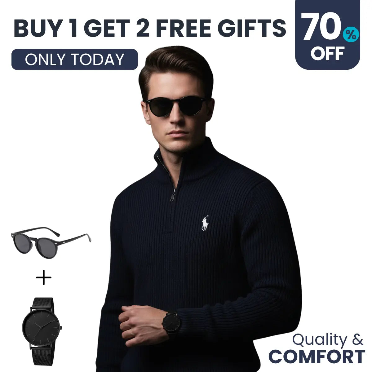 Das Prestige-Paket (Pullover + Minimalistische Uhr + Klassische Sonnenbrille)